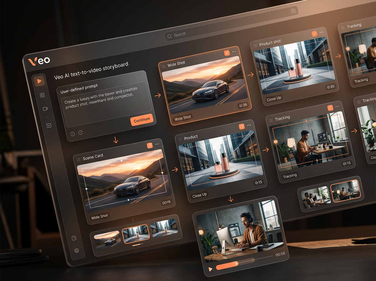 Gemini-generated Veo AI text-to-video storyboard workspace
